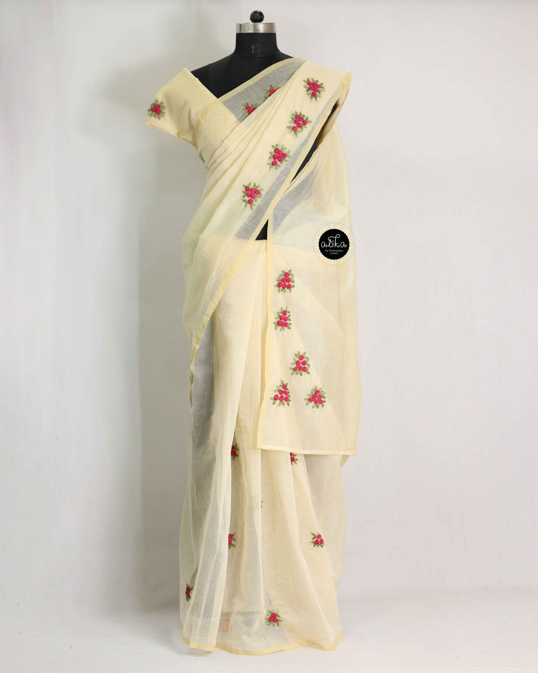 Beige Kota Saree with Floral Hand Embroidery