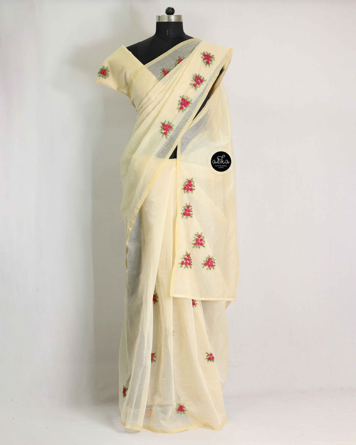 Beige Kota Saree with Floral Hand Embroidery