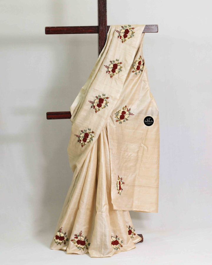Beige Pure Tussar Silk Saree with Floral Hand Embroidery