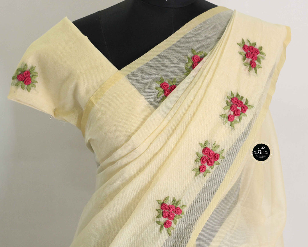 Warm Ivory Kota Saree with Floral Hand Embroidery