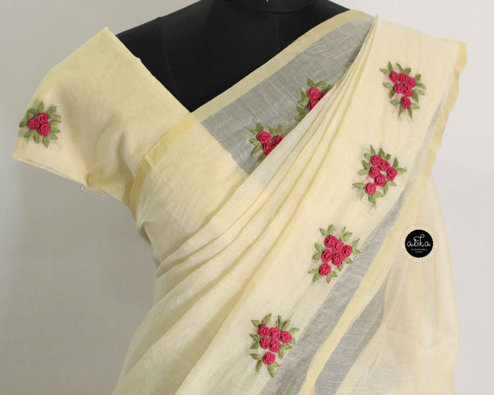 Warm Ivory Kota Saree with Floral Hand Embroidery