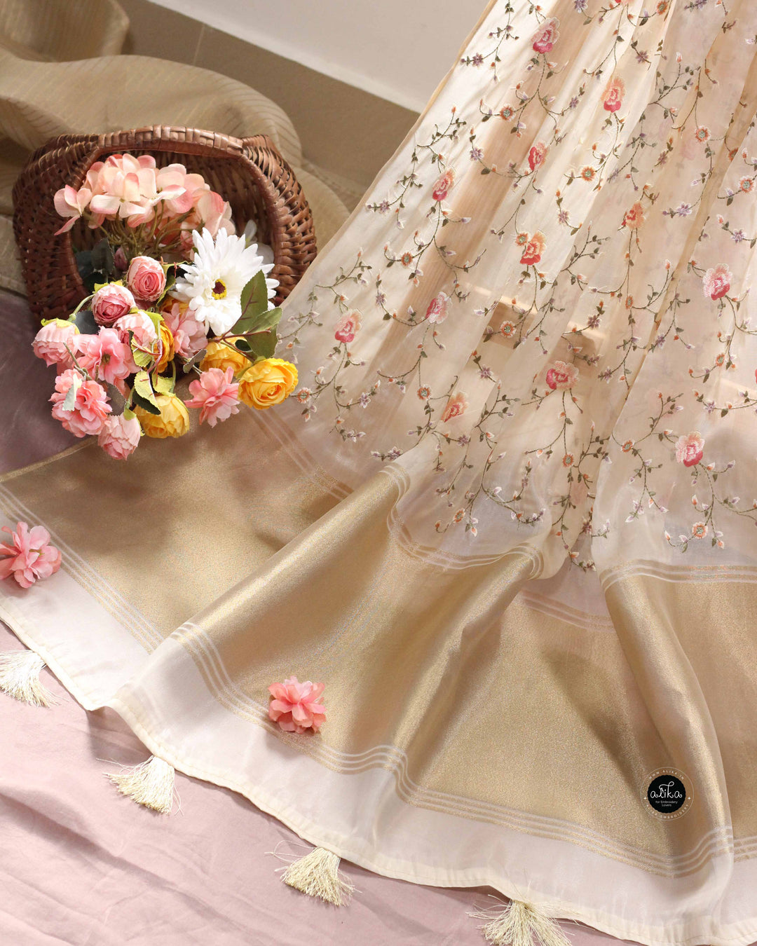 Light Beige Organza Saree with Floral Machine Embroidery