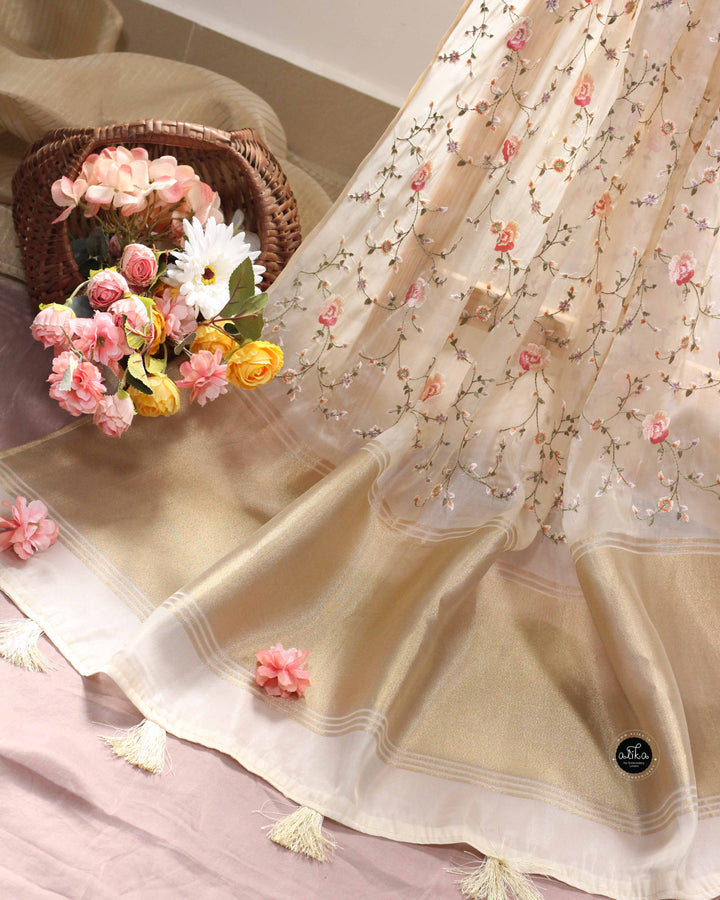 Light Beige Organza Saree with Floral Machine Embroidery