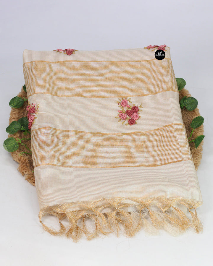 Cream Pure Tussar Silk Saree with Gold Checks &amp; Floral Hand Embroidery