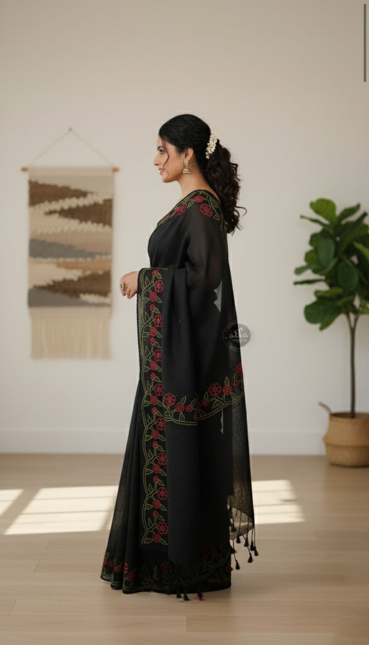 black pure linen Saree with floral full border cutwork