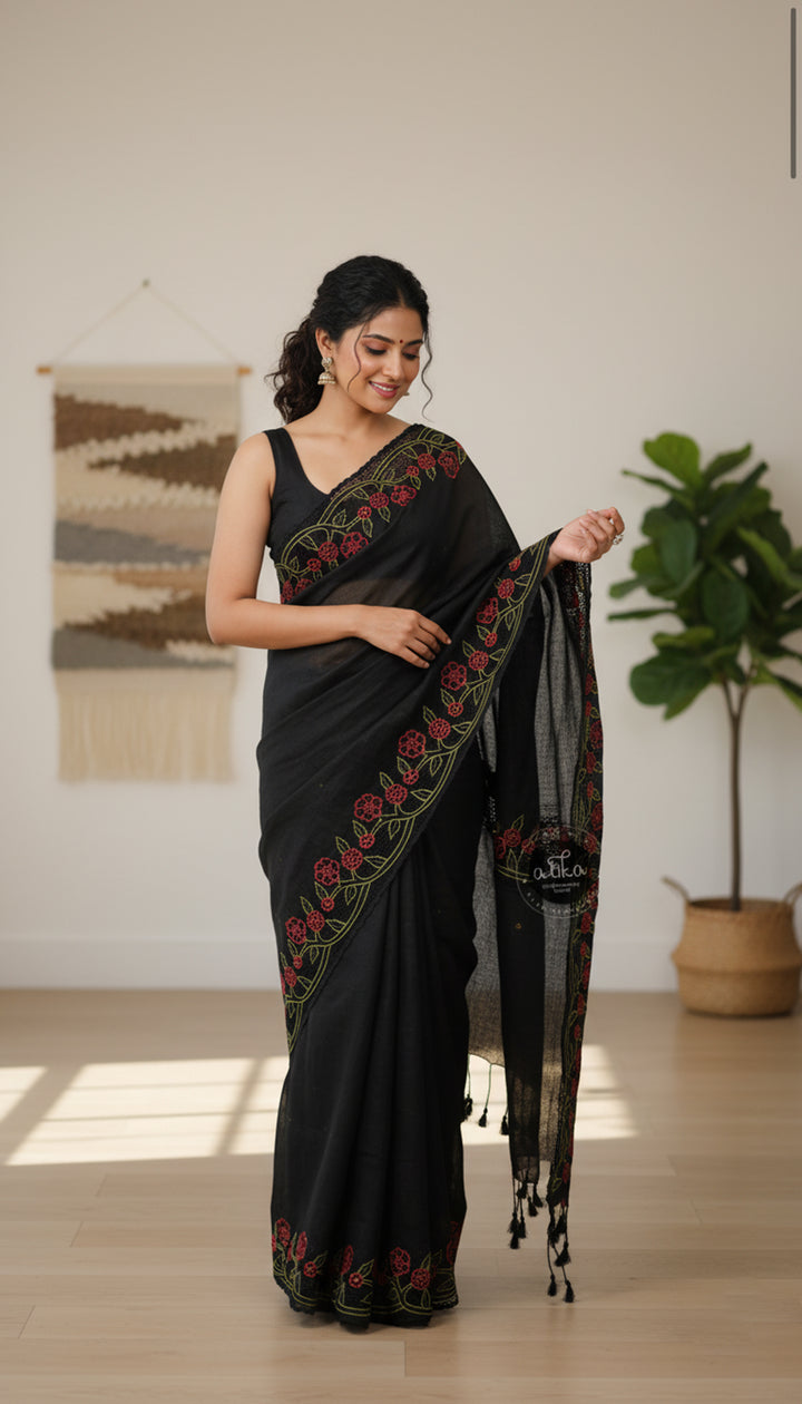 black pure linen Saree with floral full border cutwork