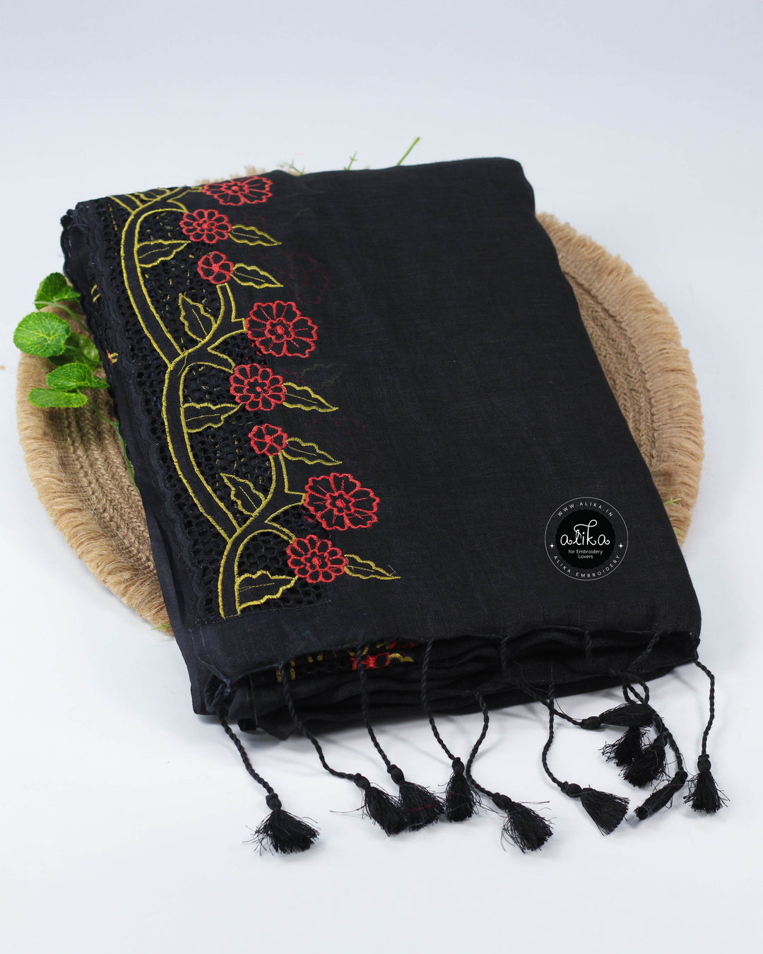 black pure linen Saree with floral full border cutwork