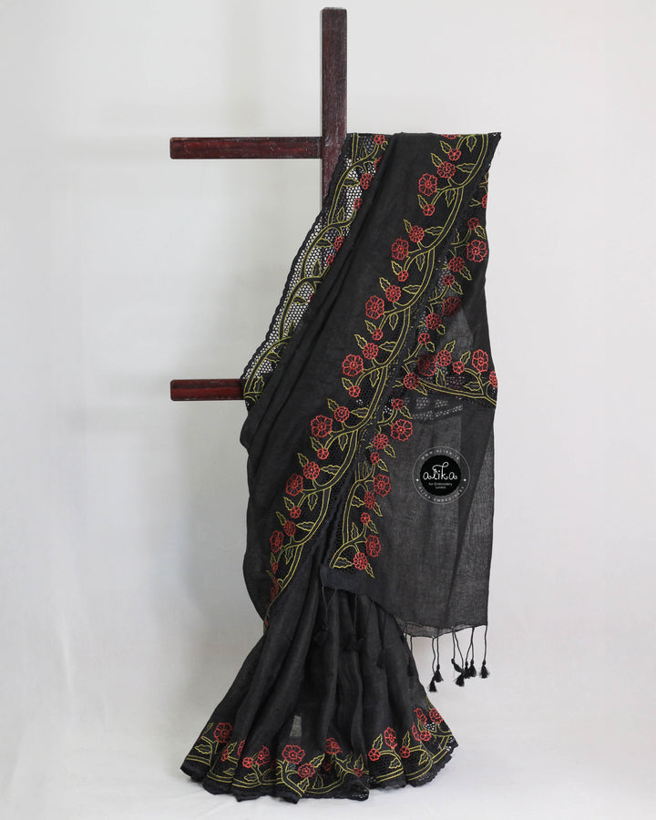 black pure linen Saree with floral full border cutwork