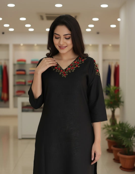 Black Semi-Linen Stitched Kurti with Floral Hand Embroidery on Neckline & Top of the Sleeves – Elegant Ethnic Wear for Women