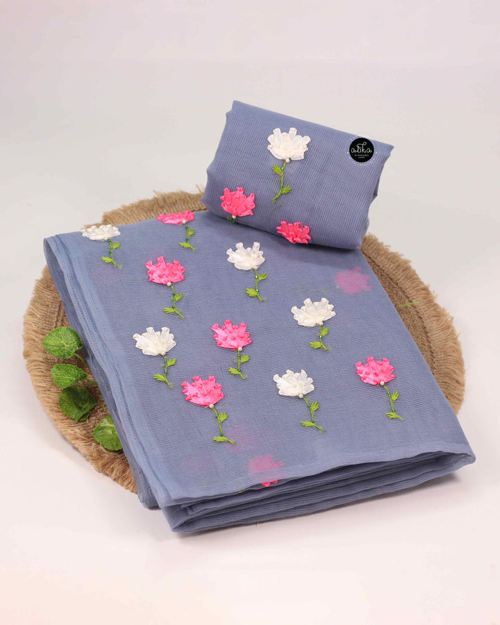 Bluish Gray Kota Saree with Floral Ribbon Embroidery