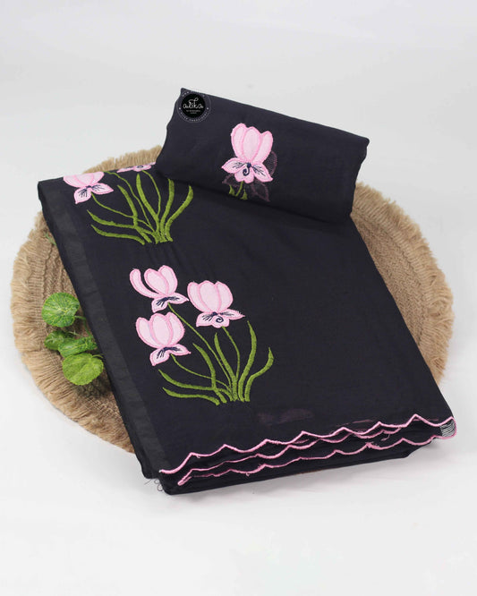 Black Kota Saree with Floral Appliqué Embroidery