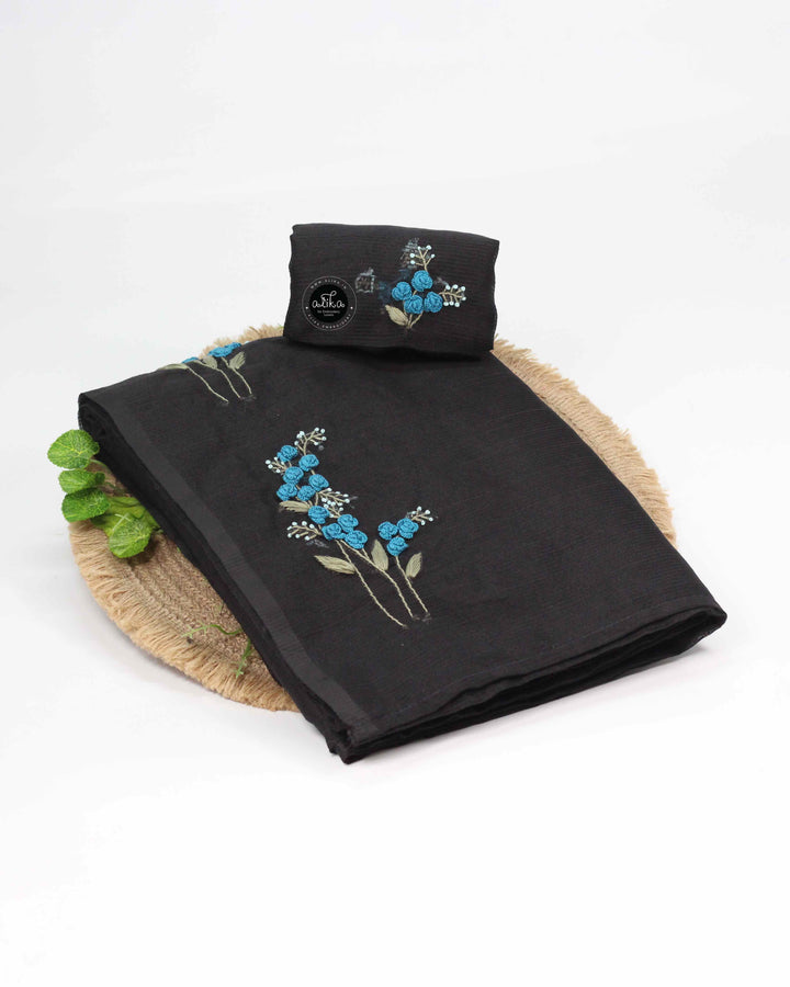 Black Kota Saree with Floral Hand Embroidery
