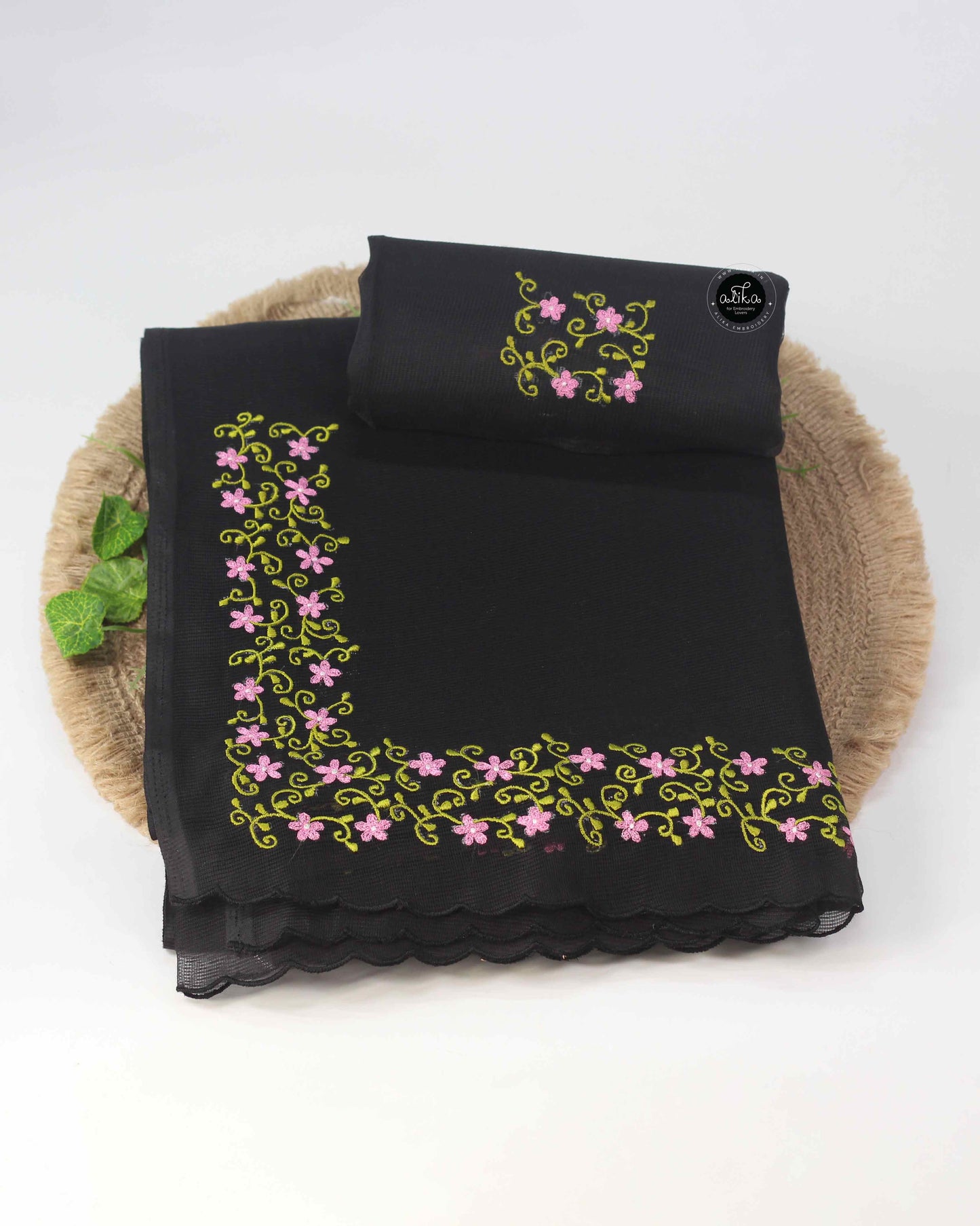 Black Kota saree with floral pink machine embroidery