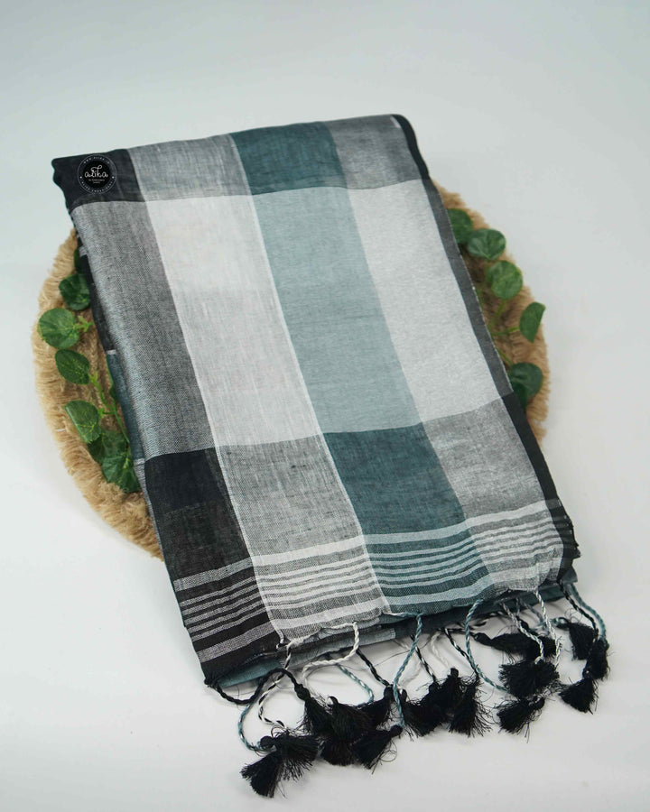 Ganga Jamuna Pure Linen Saree with Tassels