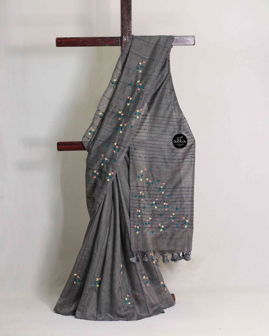 Dark Gray Bamboo Silk Saree with Floral Hand Embroidery