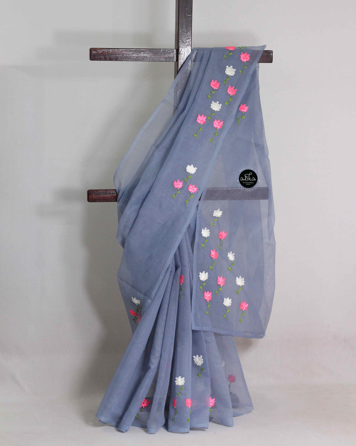 Bluish Gray Kota Saree with Floral Ribbon Embroidery