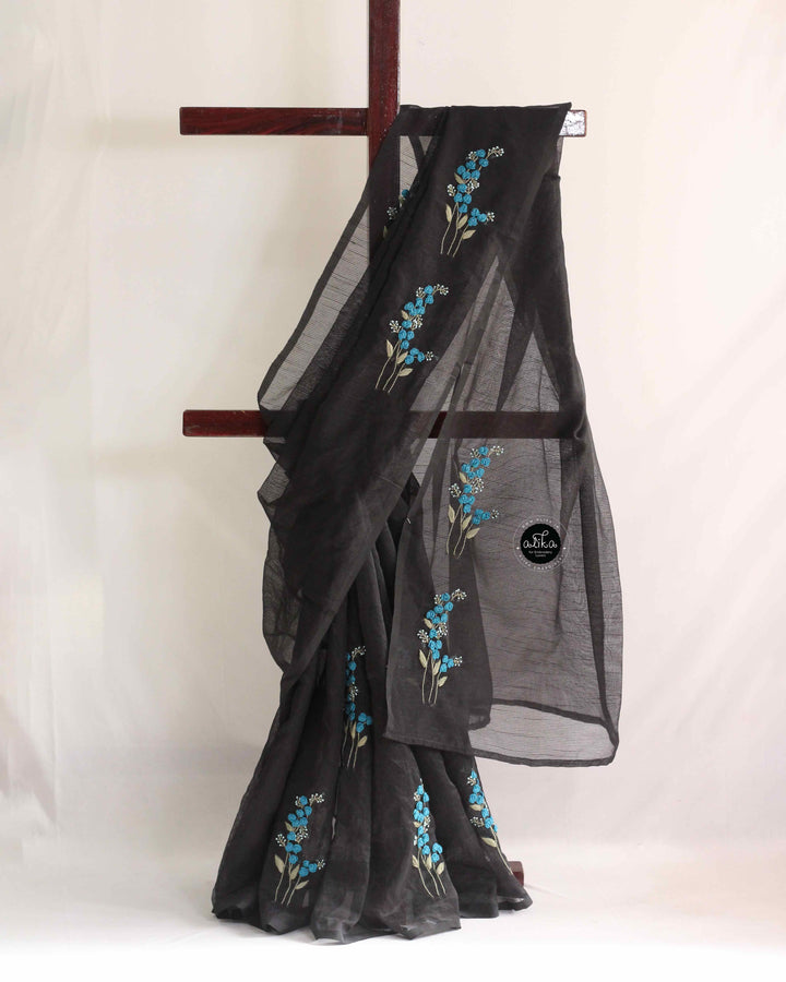 Black Kota Saree with Floral Hand Embroidery