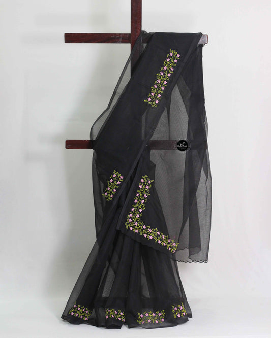 Black Kota saree with floral pink machine embroidery