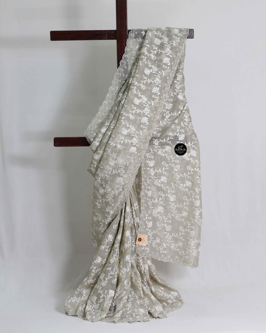 Gray Crushed Silk Saree with Floral Embroidery and Full Border Bead Work