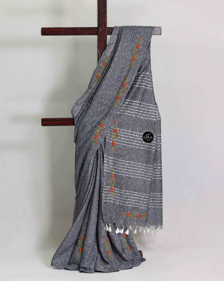 Dark Gray Semi Linen Saree with Floral Hand Embroidery