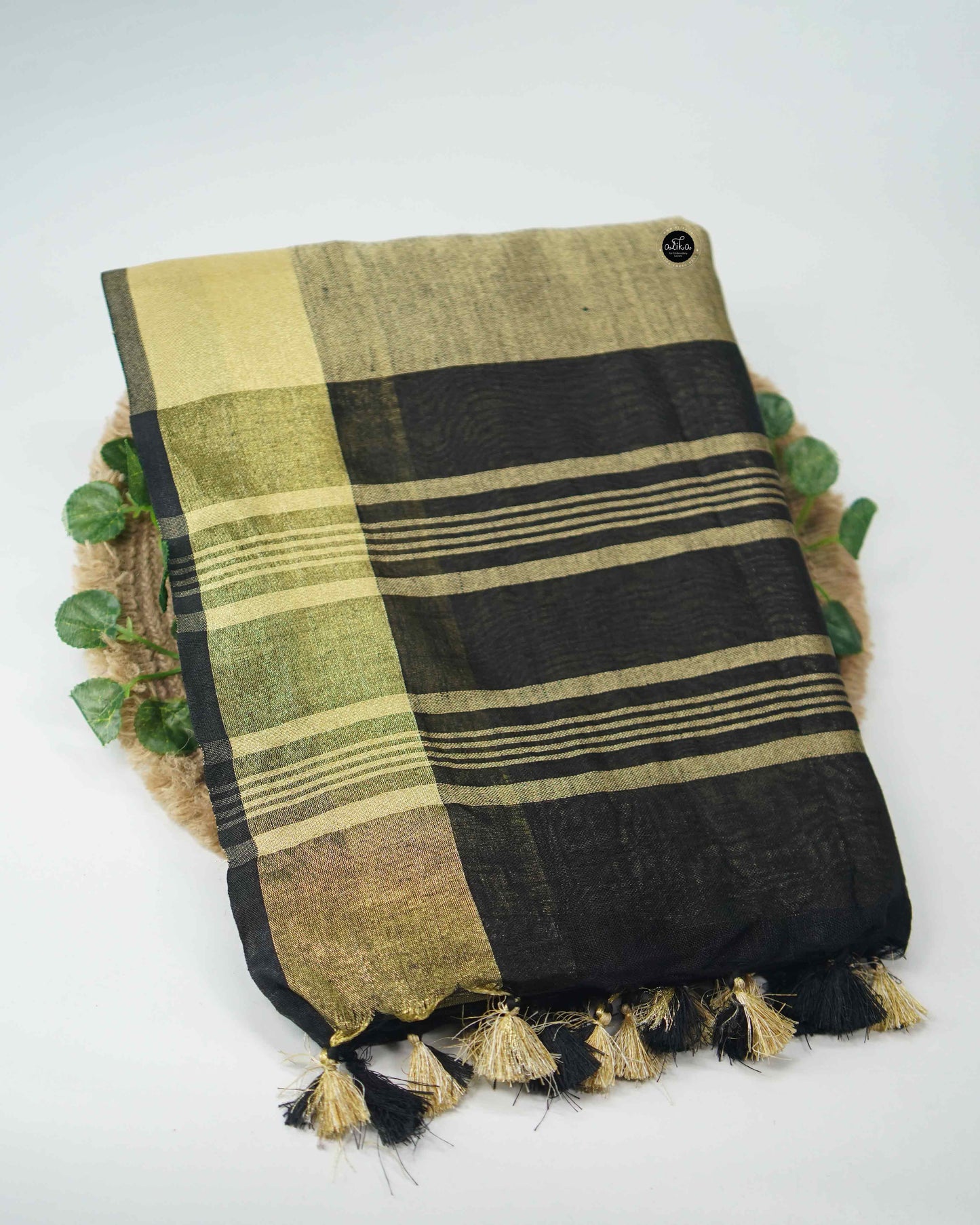Black Pure Linen Saree with Zari Work & Gold Border