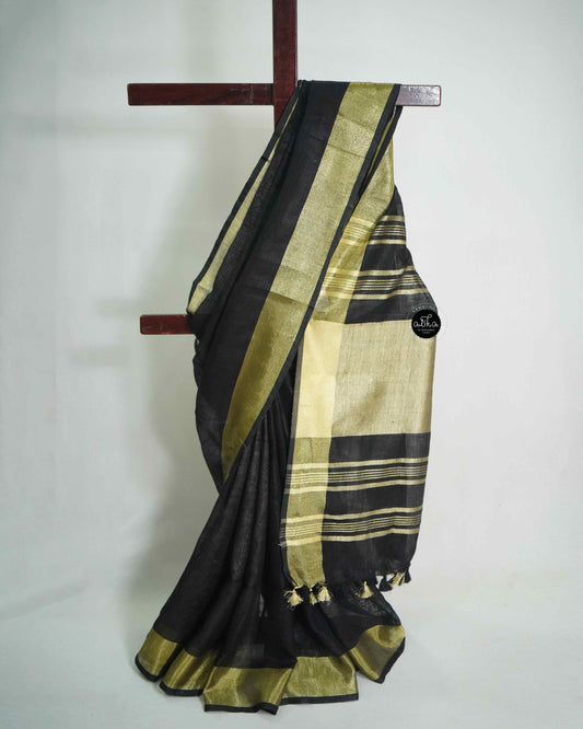 Black Pure Linen Saree with Zari Work & Gold Border