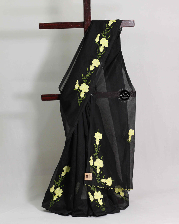 Black Kota Saree with Floral Applique Work