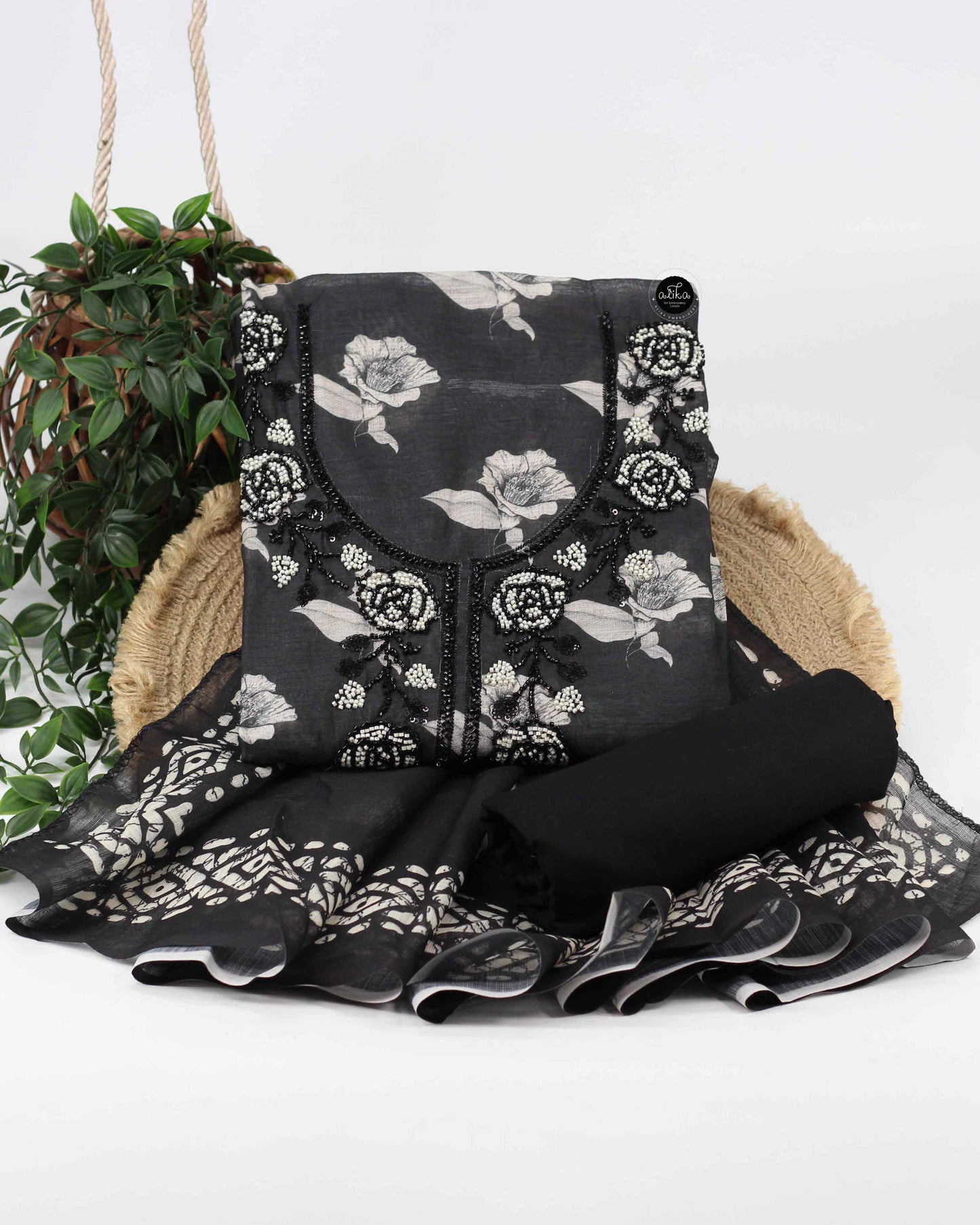 Black Chanderi Unstitched Salwar Set with Floral Prints & Bead work