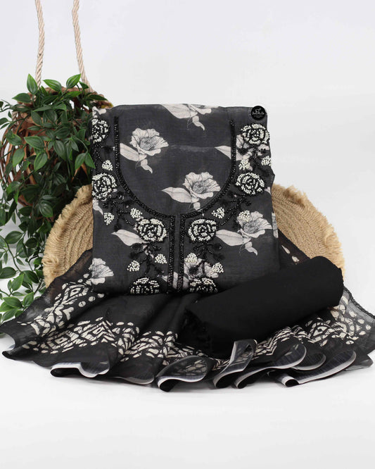 Black Chanderi Unstitched Salwar Set with Floral Prints & Bead work
