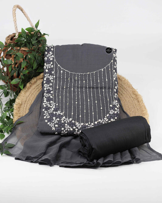 Charcoal Black Semi-Silk Unstitched Salwar Set with Hand Embroidery & Sequins