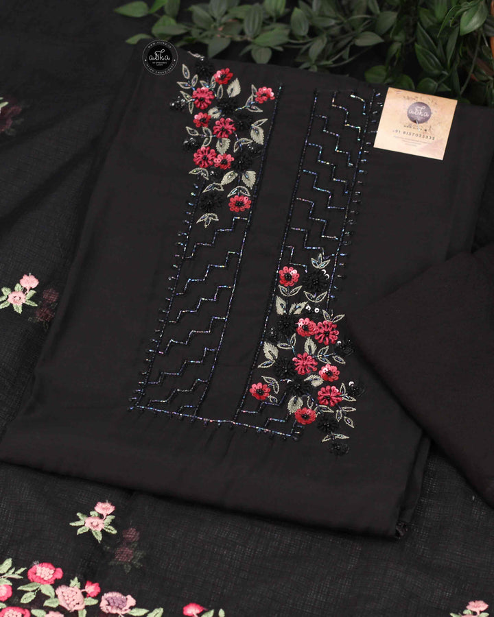 Black Chanderi Salwar Set with Floral Embroidery and Bead Work