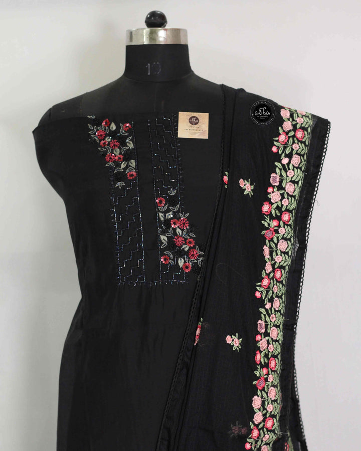 Black Chanderi Salwar Set with Floral Embroidery and Bead Work