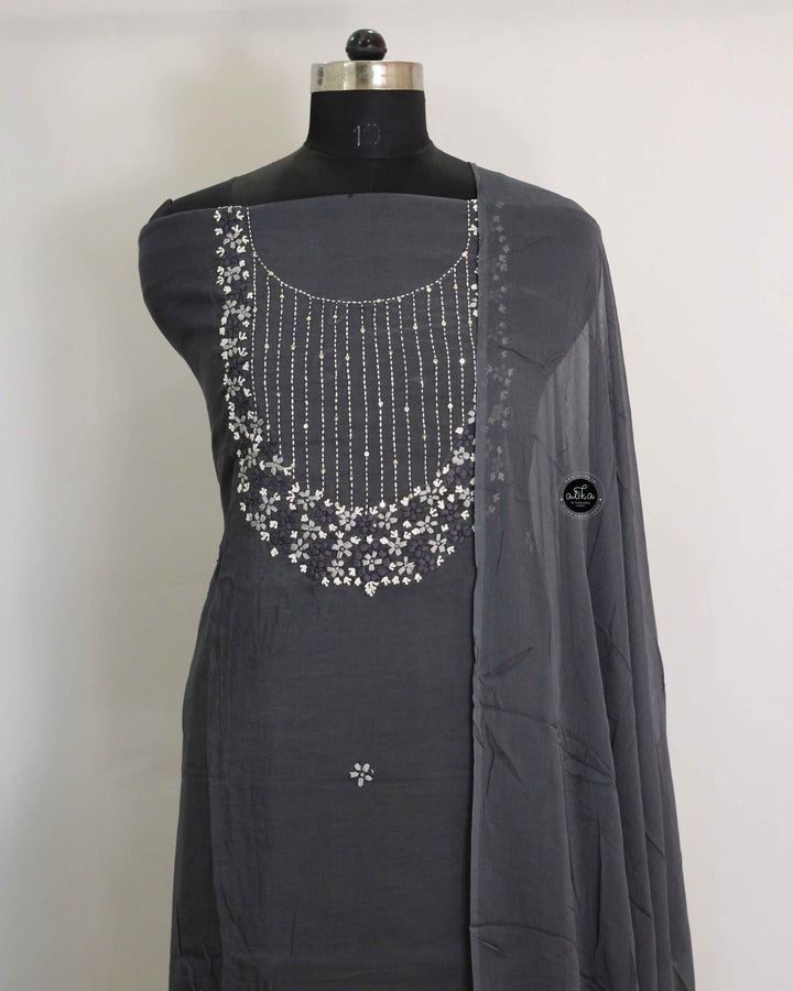 Charcoal Black Semi-Silk Unstitched Salwar Set with Hand Embroidery &amp; Sequins
