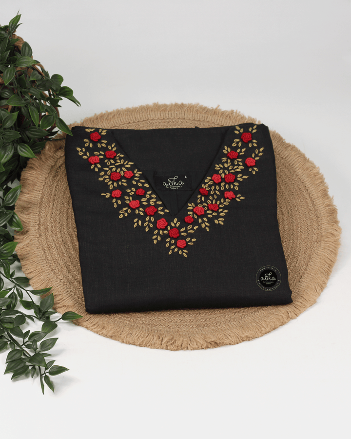 Black Semi-Linen Stitched Kurti with Floral Hand Embroidery on Neckline &amp; Top