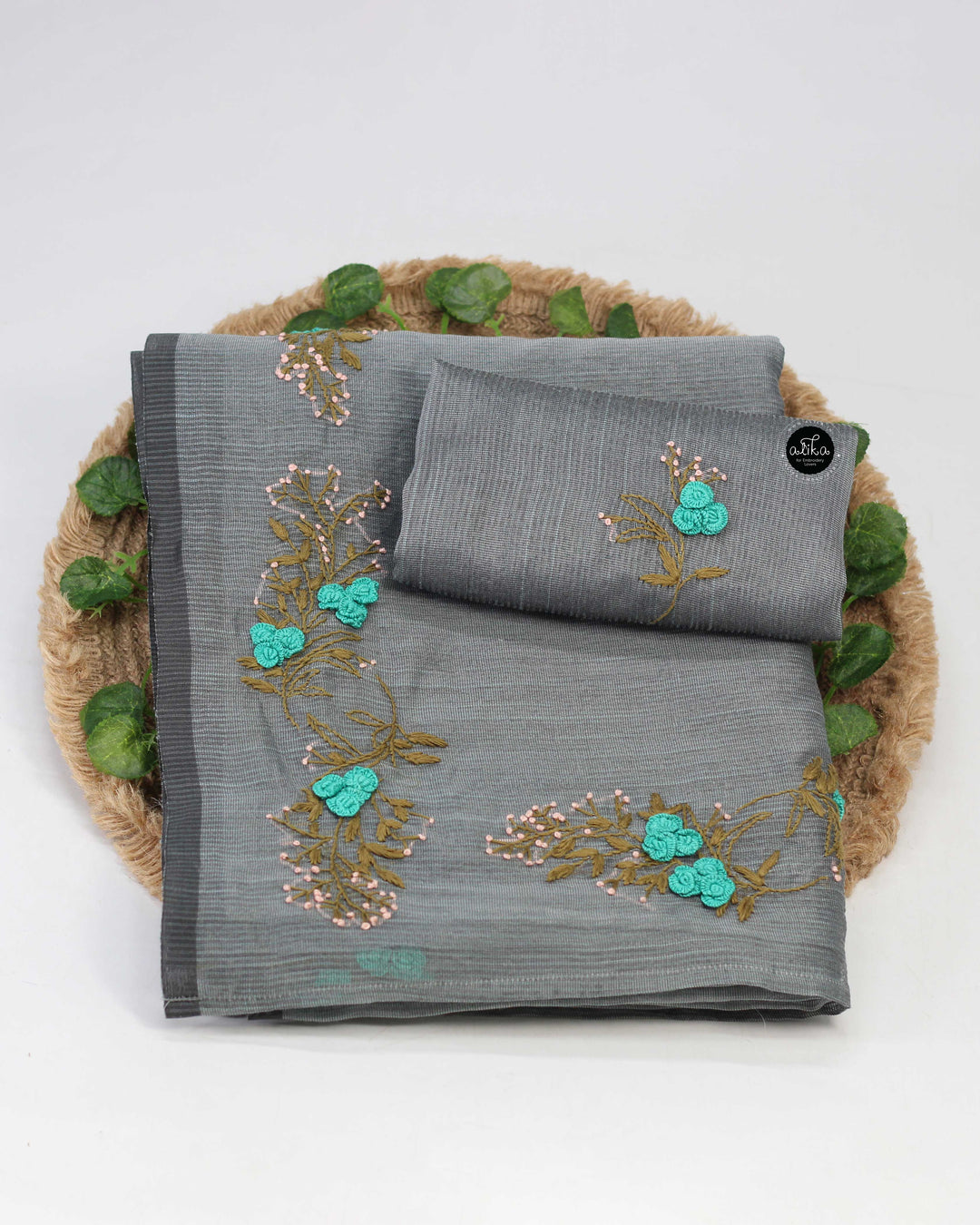 Gray Kota Saree with Floral Hand Embroidery