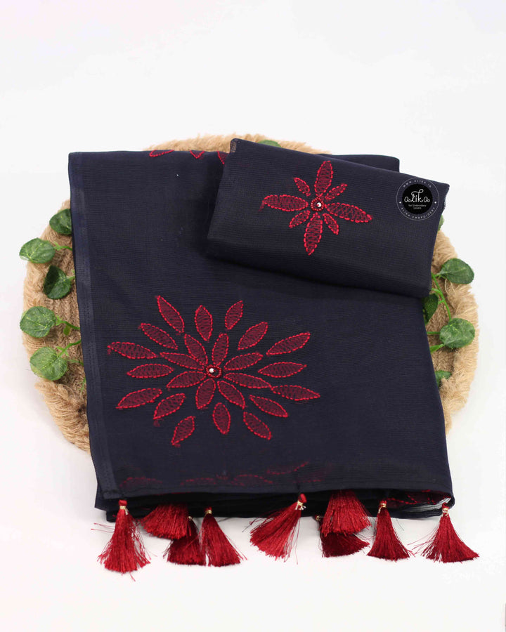 Black Kota Saree with Red Floral Shadow Work &amp; Bead Embellishments