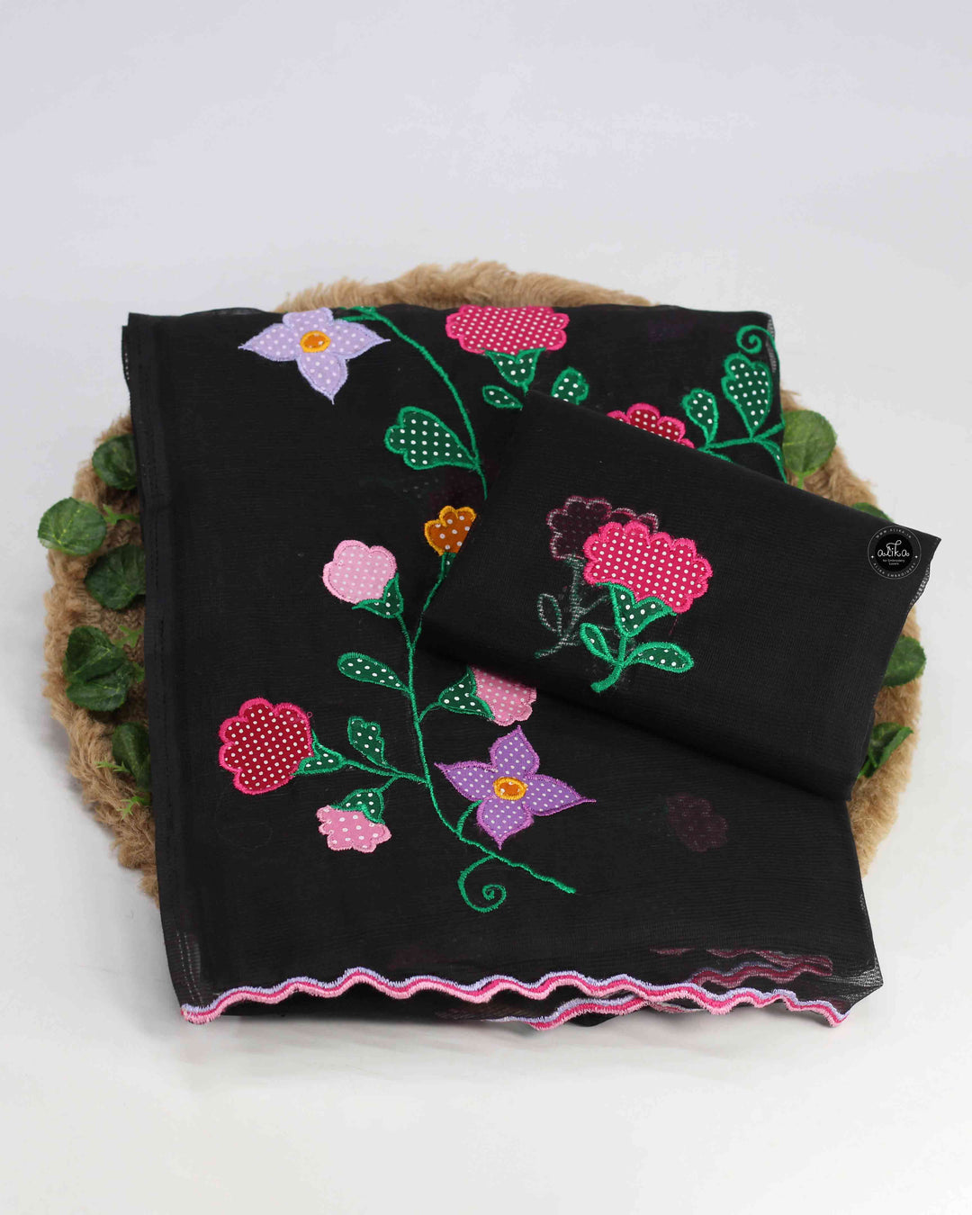 Black Kota Saree with Floral Appliqué Work