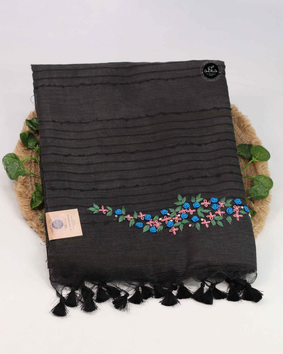 Black Bamboo Silk Saree with Floral Hand Embroidery
