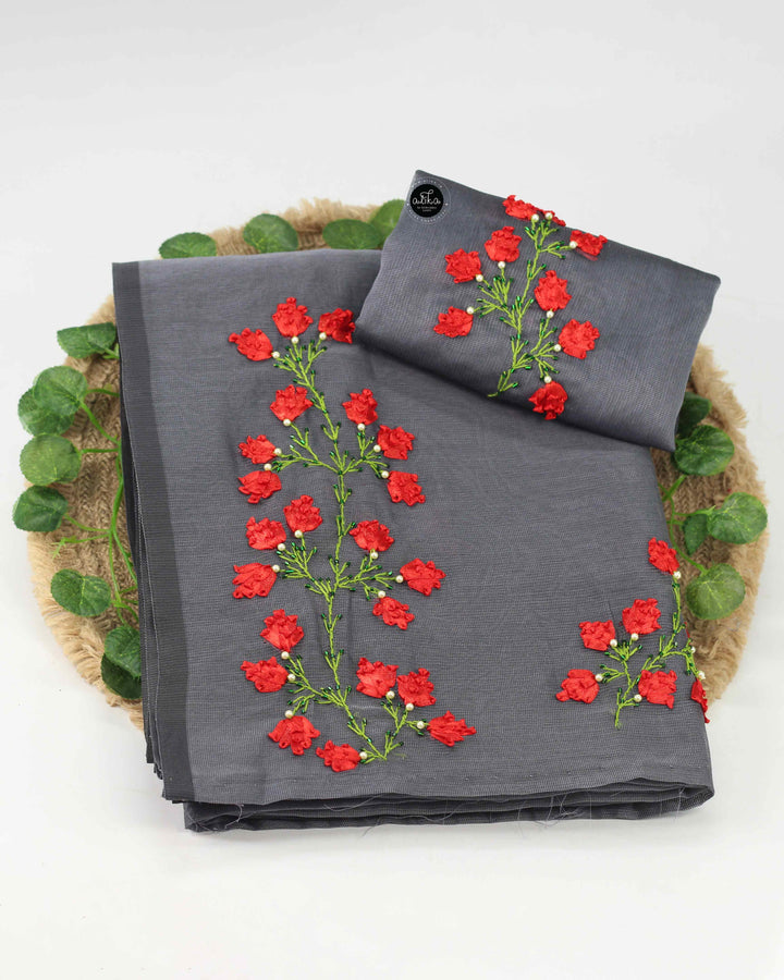 Charcoal Gray Kota Saree with Floral Ribbon Embroidery