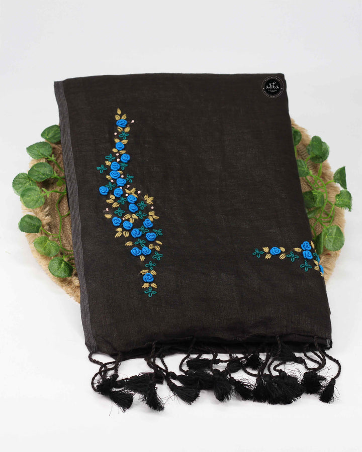 Black Pure Linen Saree with Floral Hand Embroidery