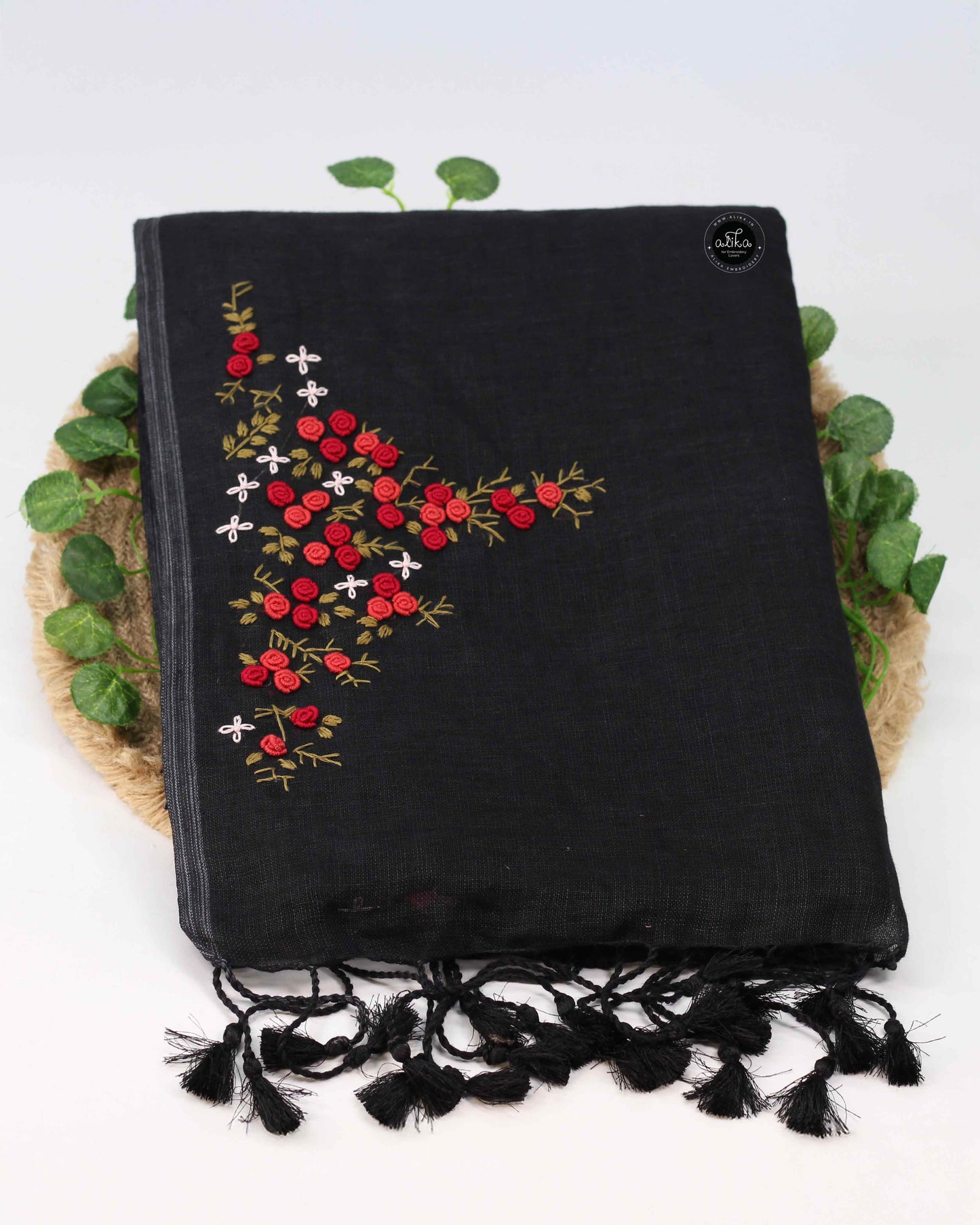 Black Pure Linen Saree with Red Floral Hand Embroidery