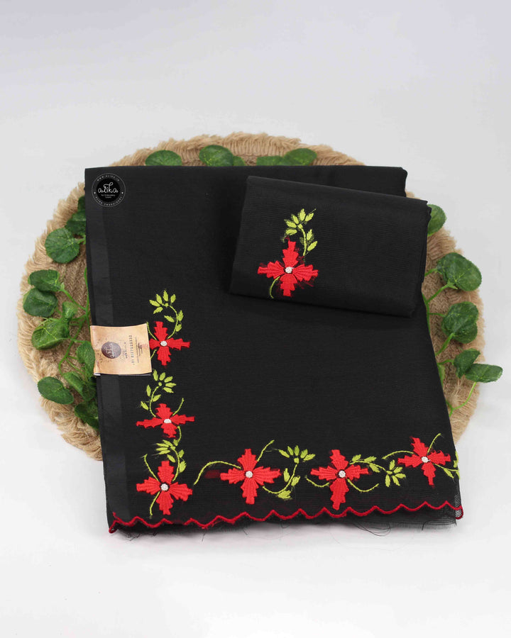 Black Kota Saree with Floral Machine Embroidery