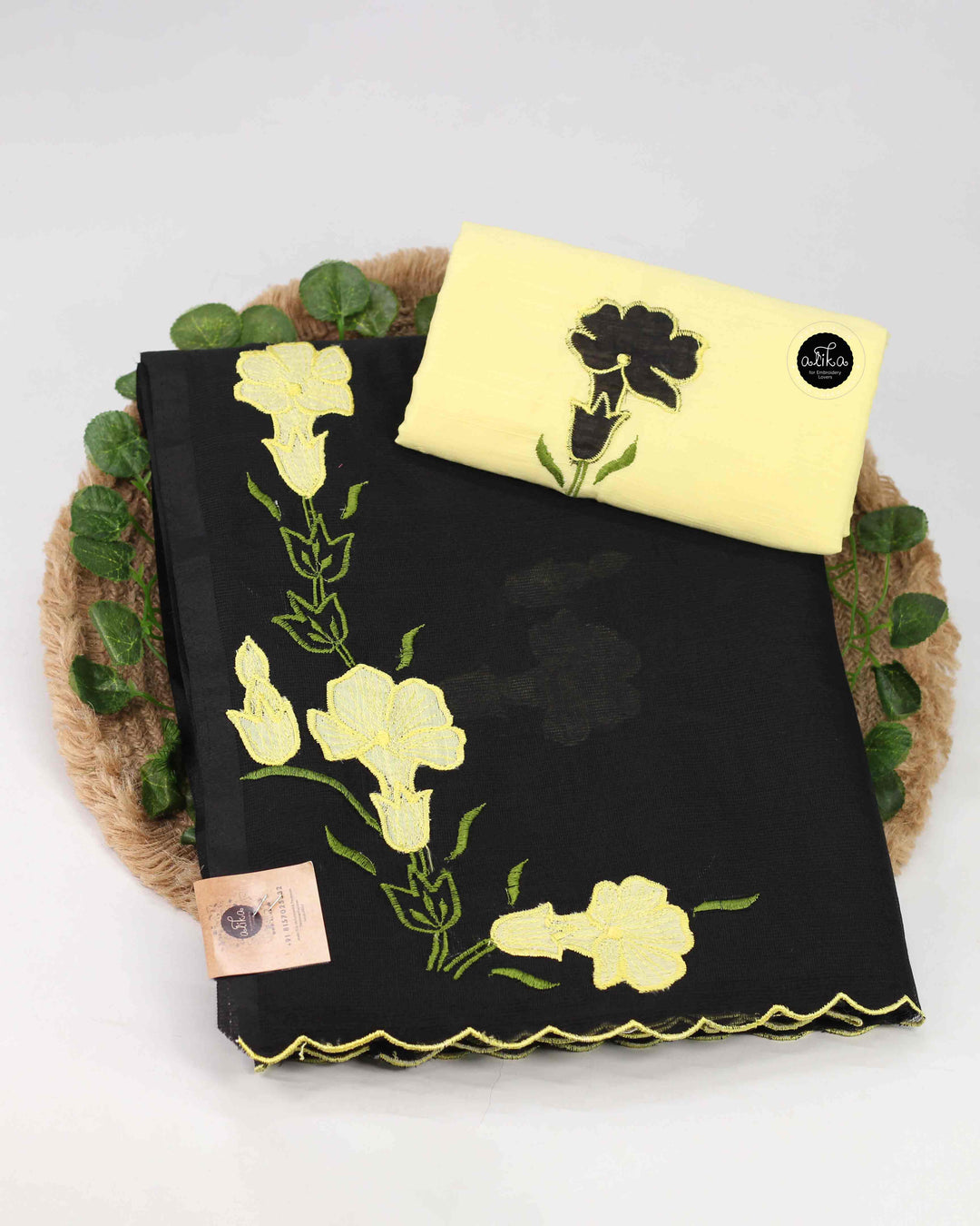 Black Kota Saree with Floral Applique Work