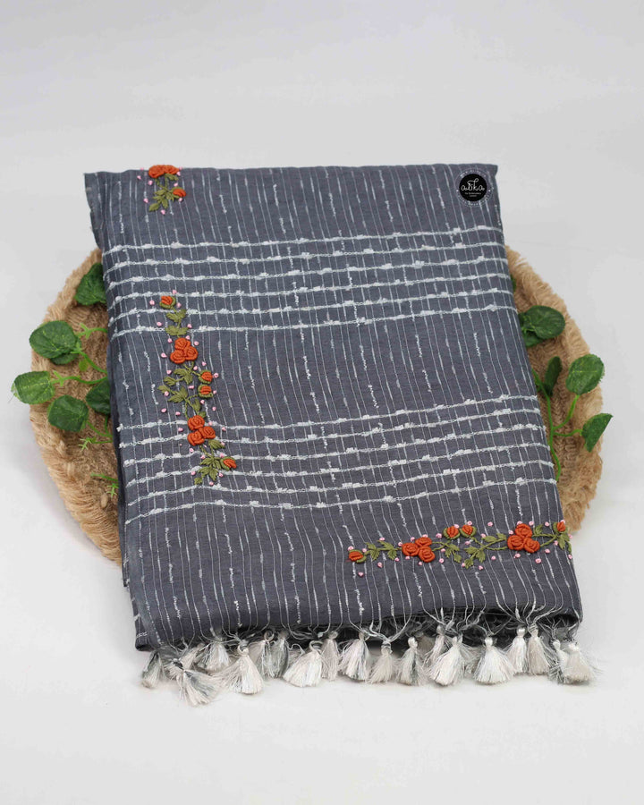 Dark Gray Semi Linen Saree with Floral Hand Embroidery