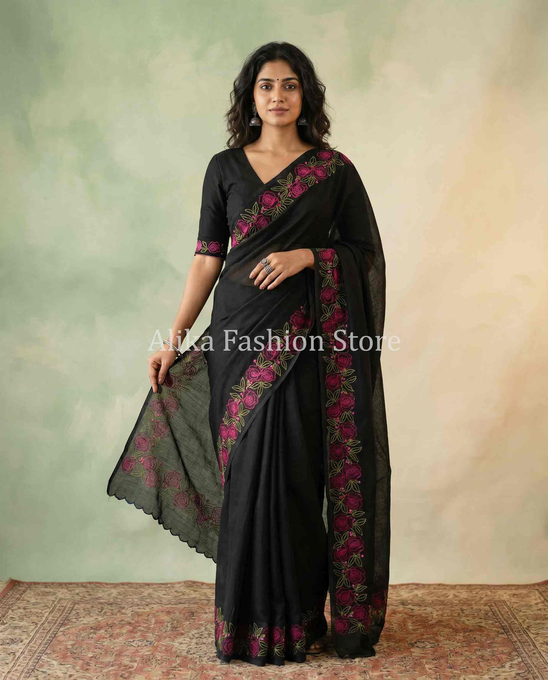 Black Silky Kota Saree with Red &amp; Green Floral Embroidery