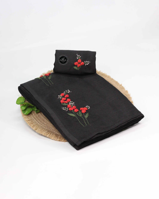 Black Kota Saree with Red Floral Hand Embroidery – Alika Fashion Store