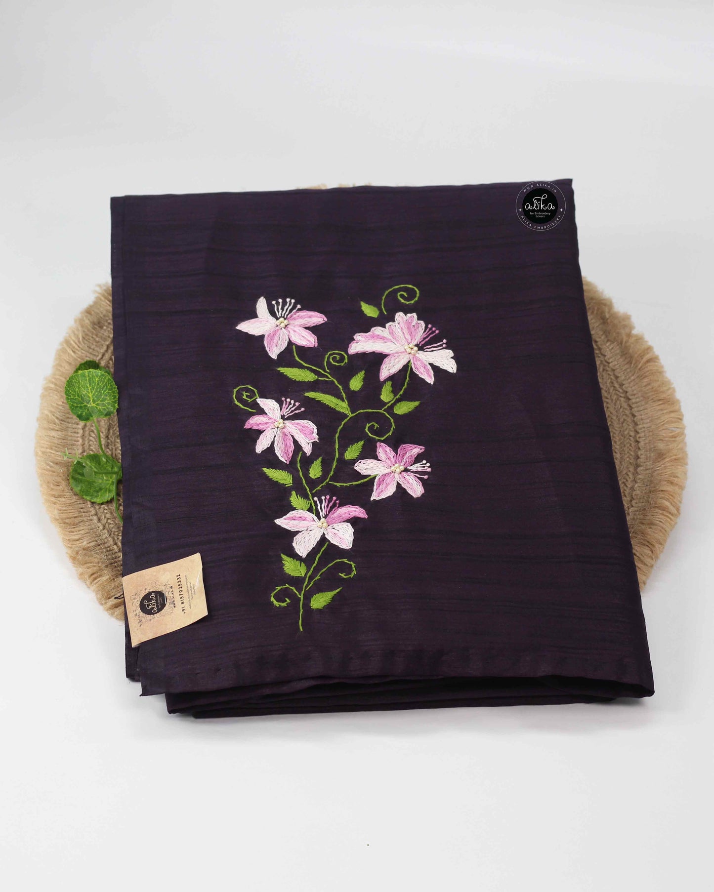 Dark purple semi-silk saree with floral hand embroidery
