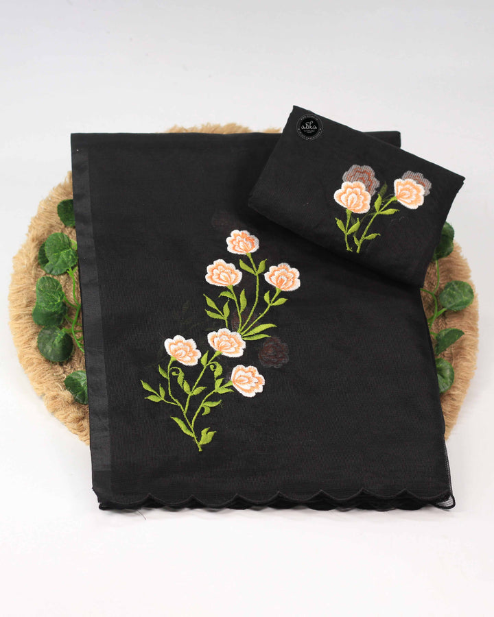 Black Kota Saree with Floral Machine Embroidery