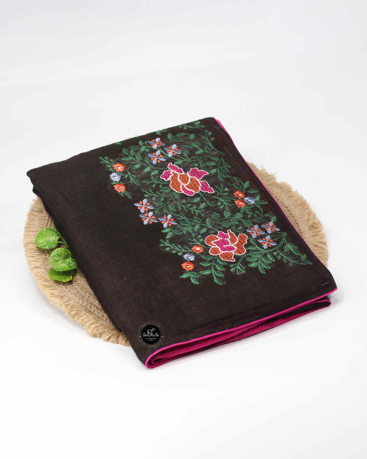 Brownish Black Linen Saree with Full Border Floral Machine Embroidery &amp; Piping – Subtle Luxury