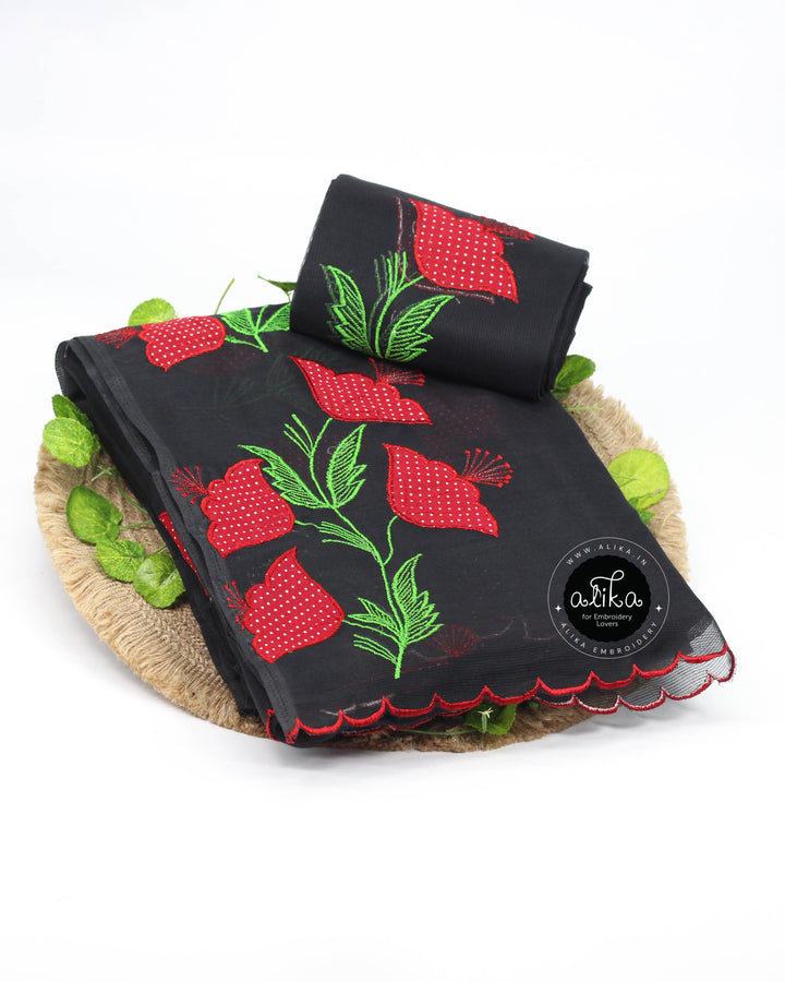 Black Kota Saree with Red Appliqué Work – Bold &amp; Lightweight Elegance